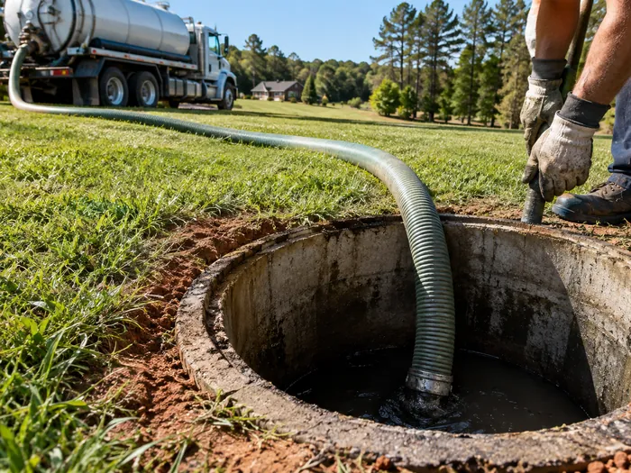 An open septic tank being pumped with the hose run back to the truck