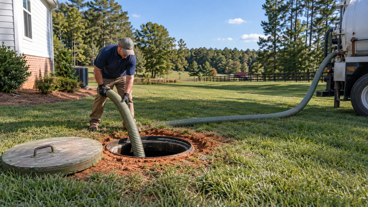 A septic service truck working at a rural property in Gaston County North Carolina