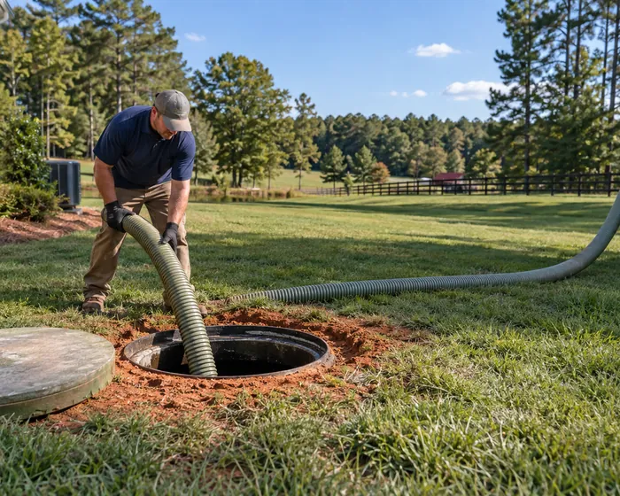 A septic tank lid lifted clear and the tank being pumped down through a hose from the truck