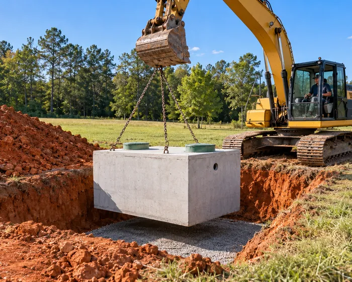 An excavator trenching drain field lines across a cleared rural lot for a new septic system