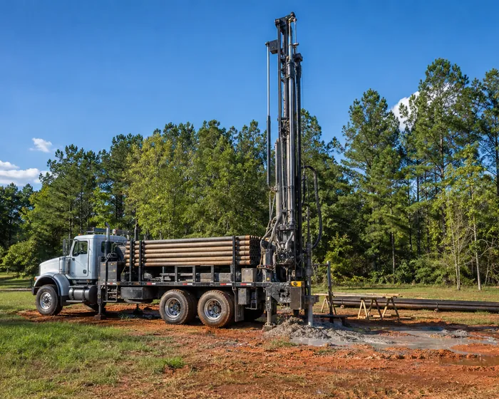 A capped water wellhead standing in a rural yard with the line running back to the house