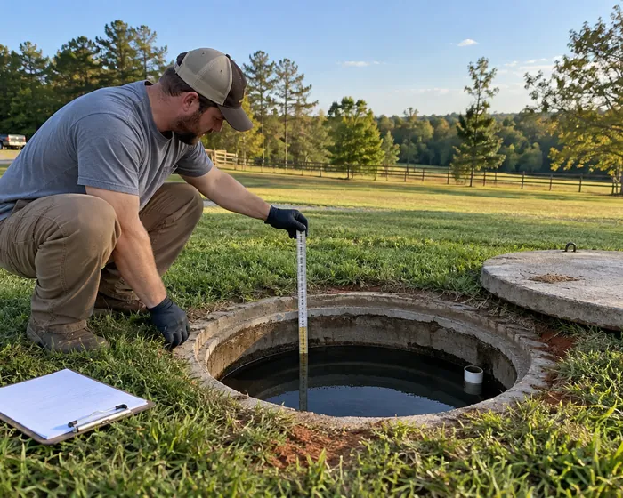 An open septic tank being inspected with the sludge level read against the outlet