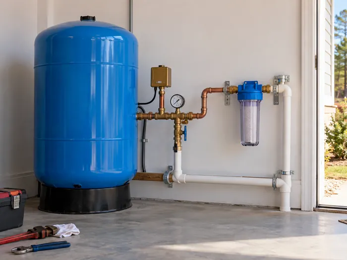 A well pressure tank and pressure switch plumbed in beside a rural house
